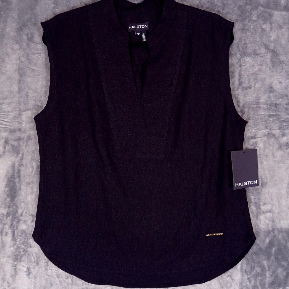 Halston Linen Blend Blouse Womens Medium Black Sleeveless V‎ Neck NWT